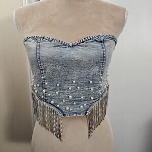 L'Atiste Rhinestone Pearl Embellished Strapless Denim Top Womens Sz M Festival